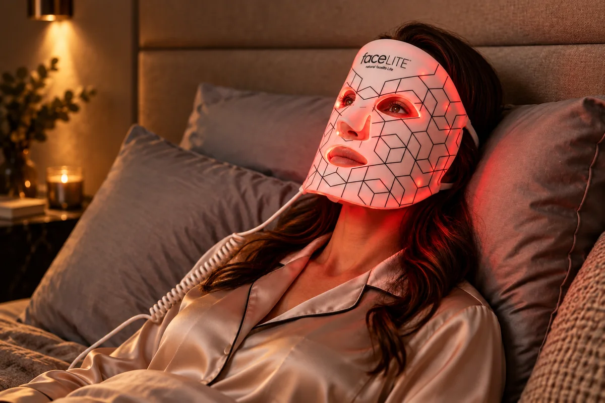 FaceLITE LED-gezichtsmasker in gebruik thuis