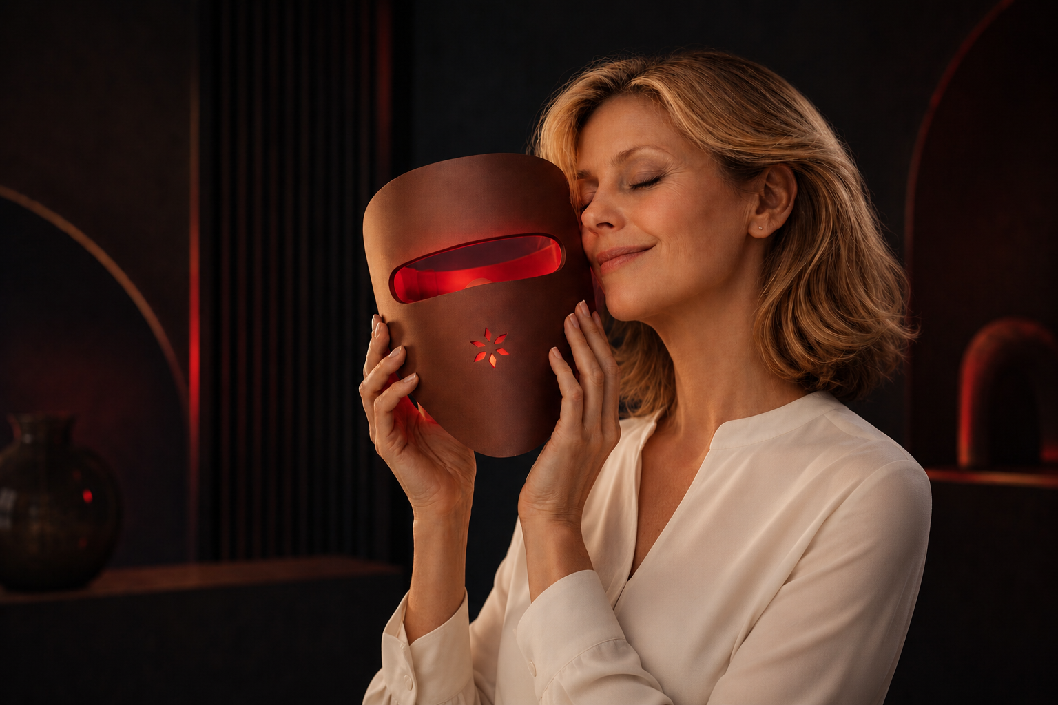 EternaBliss — vrouw met LED-masker in warm rood licht
