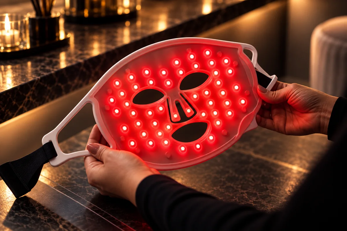 Het FaceLITE LED-masker met brandende rode leds naast de bediening