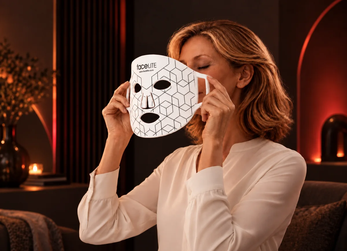 Vrouw plaatst het witte FaceLITE LED-gezichtsmasker op haar gezicht